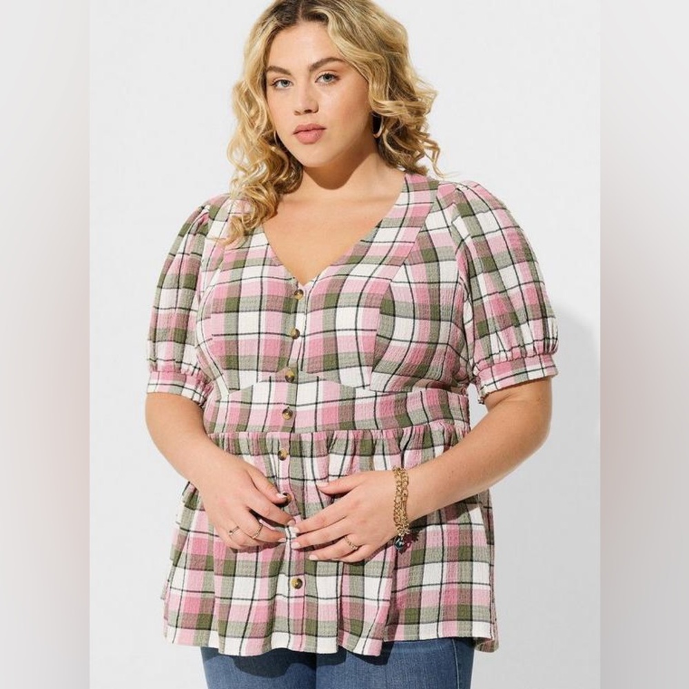 Torrid Plaid Babydoll Crinkle Flannel Gauze Button Up Short Sleeve Plus Size 1X - Picture 1 of 12